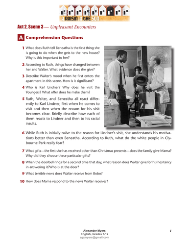 Igcse Ib A Raisin In The Sun Hansberry Act 2 Scene 3 Unit Answers Teaching Resources