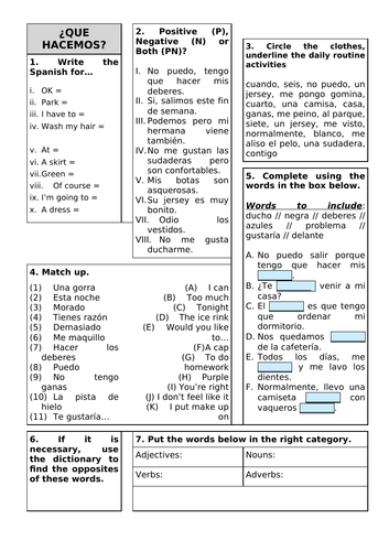 Revision Sheet KS3 - Viva 2 Unit 4 Que hacemos