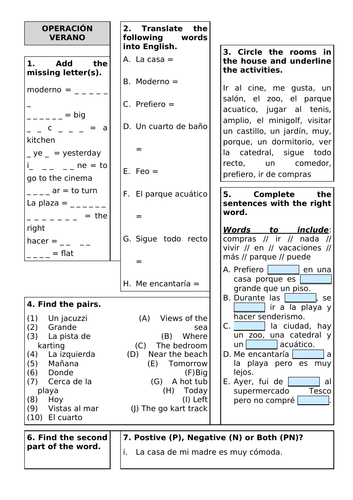 Revision Sheet KS3 - Viva 2 Unit 5 Operacion Verano