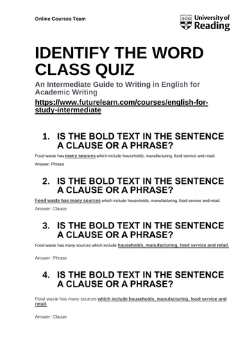 Phrase or Clause Quiz | Teaching Resources