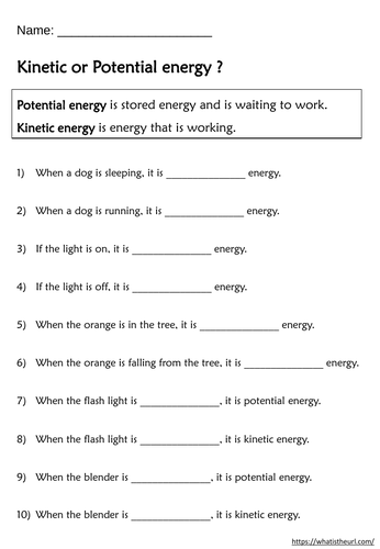 Kinetic or Potential Energy Worksheets | Teaching Resources