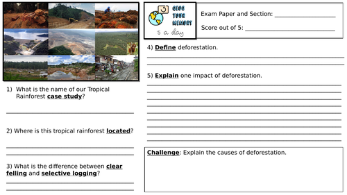 GCSE KS3 Retrieval Activities: Geography Paper 1 AQA GCSE Recall ...