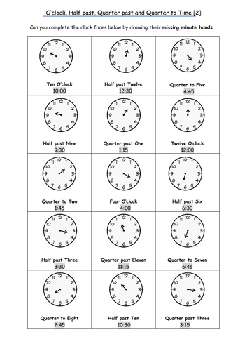 ks2 resource telling the time oclock half past quarter past and