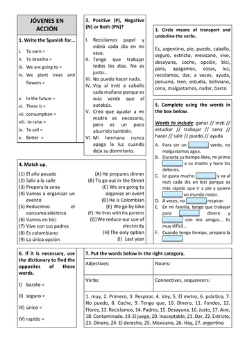 Revision Sheet KS3 - Viva 3 Unit 4 Jovenes en accion