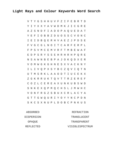 Light Rays And Colour Word Search Crossword Teaching Resources