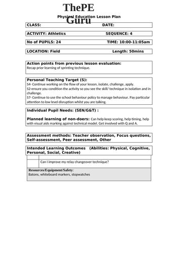 Athletics-Relay Lesson plan and Differentiated Resources, KS3/KS4