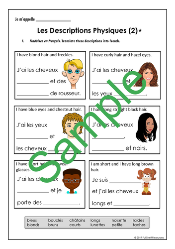 French Physical Descriptions Worksheets | Teaching Resources