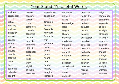 Printable Year 3 Common Exception Words