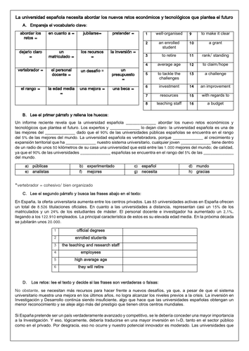 Spanish A Level Los jóvenes y la educación universitaria en España: world  of work & employment