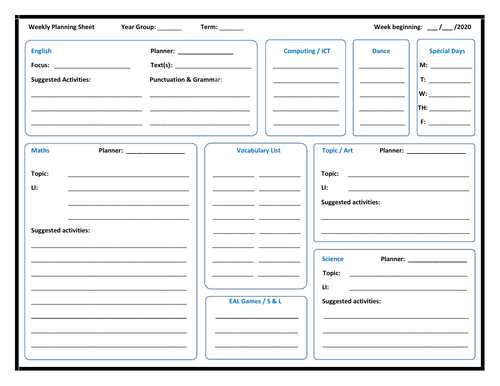 Weekly Planning Template - All Subjects