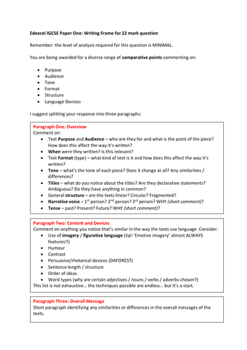 Edexcel IGCSE English Language Paper One - 22 marker writing frame ...