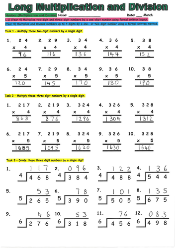 Long Multiplication and Division * 5 Differentiated Sheets + Answers