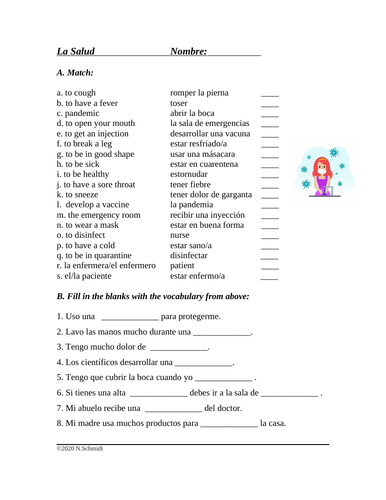 La Salud y Enfermedades: Health and Sickness Vocabulary Worksheet