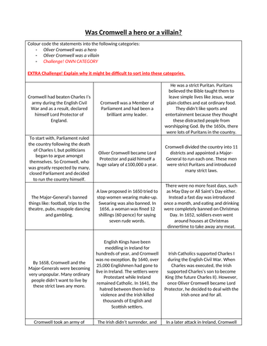 Lesson: Was Oliver Cromwell a hero or a villain?