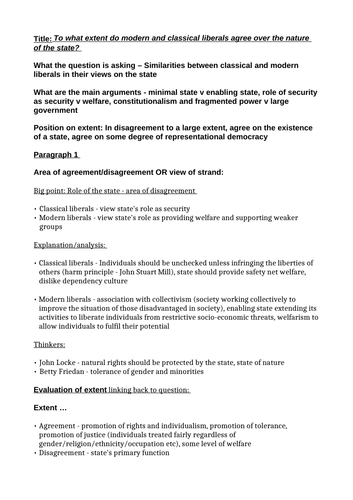 To what extent do modern and classical liberals agree over the nature of the state?  Essay Plan