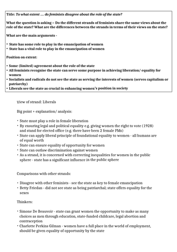 A* Essay Plan - Feminism role of the state, A Level Politics