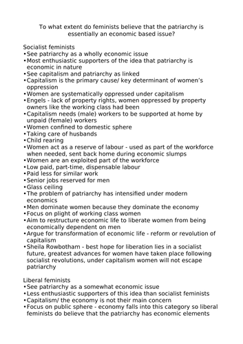 A* Essay Plan - Feminist view of the patriarchy, A Level Political Ideologies