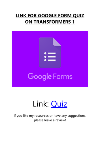 Transformers 1 Worksheet AND Google Form Quiz | Teaching Resources