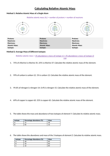 Calculating Relative Atomic Mass Worksheet | Teaching Resources