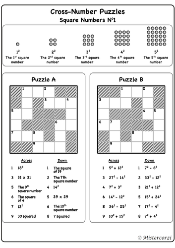 Cross Number Puzzles: Square Numbers No1 | Teaching Resources