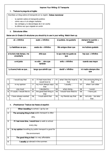 Spanish GCSE Travel & Transport Writing Skills: Structures, Translation, Scaffold & Model answer