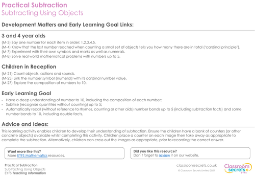 EYFS Maths Subtracting using Objects Learning Activity | Teaching Resources