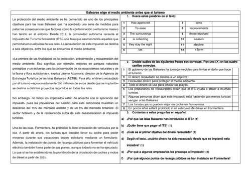 Spanish A Level Impacto turístico en España: Medio ambiente y Islas Baleares Reading & Translation