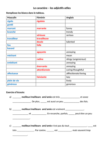 Le caractère – les adjéctifs utiles - vocab exercise and listening