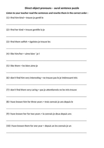 Direct object pronouns aural sentence puzzle describing people