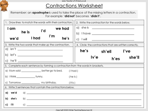 contractions homework year 2