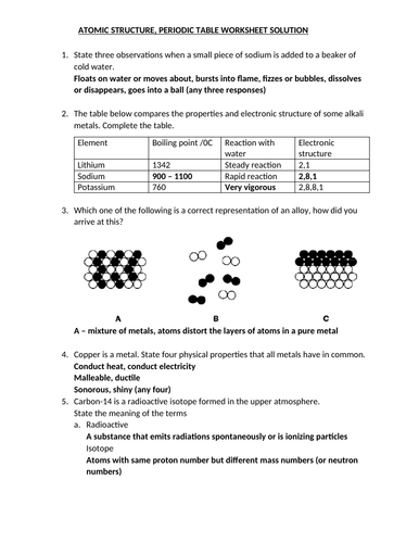ATOMIC STRUCTURE, PERIODIC TABLE WORKSHEET AND ANSWERS 1 | Teaching ...