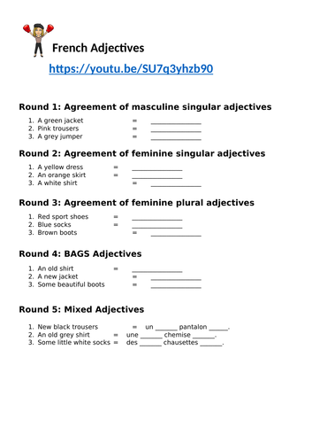 adjectives worksheet in french