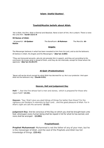 Key Quotes for Christianity and Islam R.E GCSE Spec A  Teaching Resources