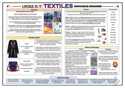 DT: Textiles - Combining Different Fabric Shapes - Upper KS2 Knowledge Organiser!