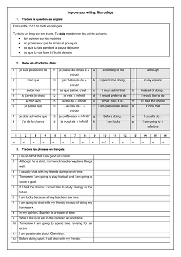 French GCSE mon école: School Scaffolded Writing Task