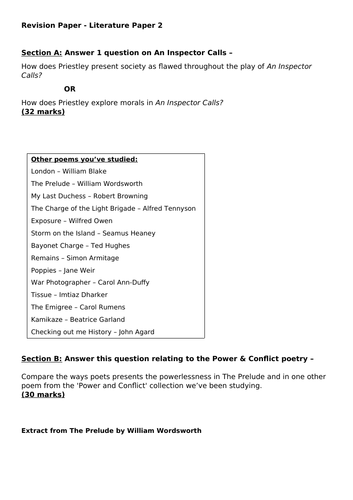 AQA English Literature Paper 2 Custom Practice Paper Teaching Resources