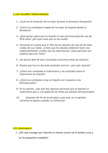 Speaking questions - Spanish AS Yr12 -AQA
