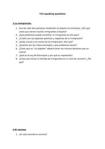 Speaking questions - Spanish A LEVEL Yr13 -AQA