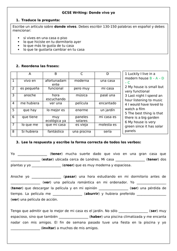 Gcse Spanish Donde Vivo Yo: House & Home Scaffolded Writing Worksheet 