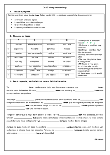 GCSE Spanish Donde vivo yo: House & Home Scaffolded Writing Worksheet