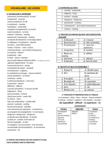 GCSE French 'Free Time' Vocabulary Worksheet