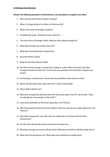 A Christmas Carol  Comprehension Questions  Teaching Resources