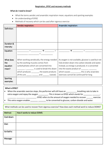 GCSE PE - Respiration, EPOC and recovery methods - Student worksheet ...