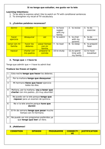 spanish tv 3 worksheets la tele opinions vocabulary sentence