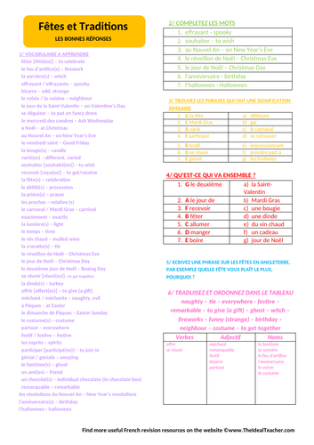 GCSE French 'Customs & Festivals' Vocab Worksheet