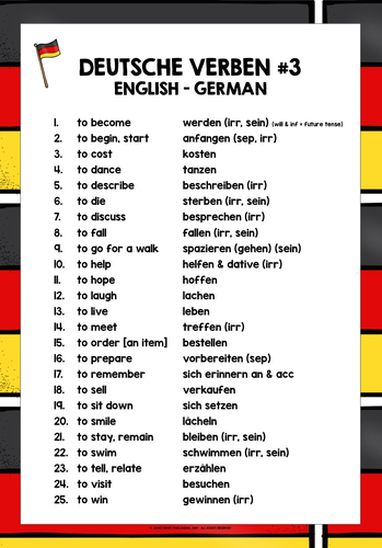 GERMAN VERBS LIST FREEBIE #3 | Teaching Resources