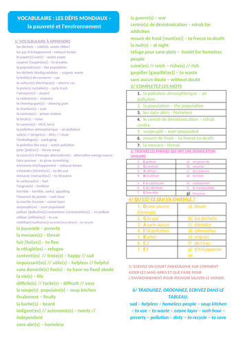 GCSE French 'Global Issues' Vocabulary Worksheet