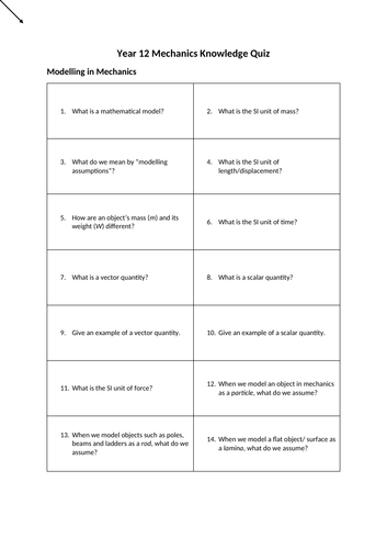 Year 12 Mechanics Knowledge Quiz/Revision Cards