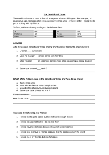 French Conditional Tense Worksheet Teaching Resources