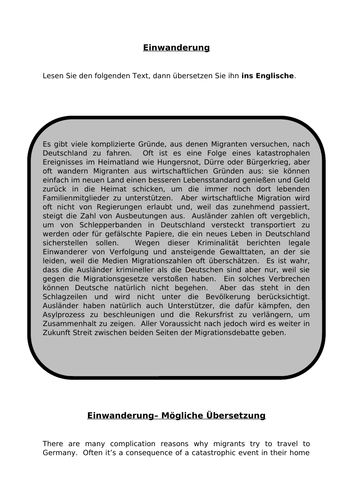 Einwanderung -translation into English for AQA A Level German.